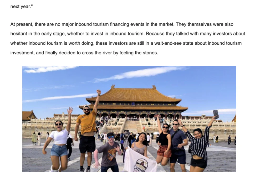 TravelDaily, news report, CET China explorer tour, Group of tourists jumping in the air in front of a grand traditional Chinese palace with an orange-tiled roof and stone stairs.