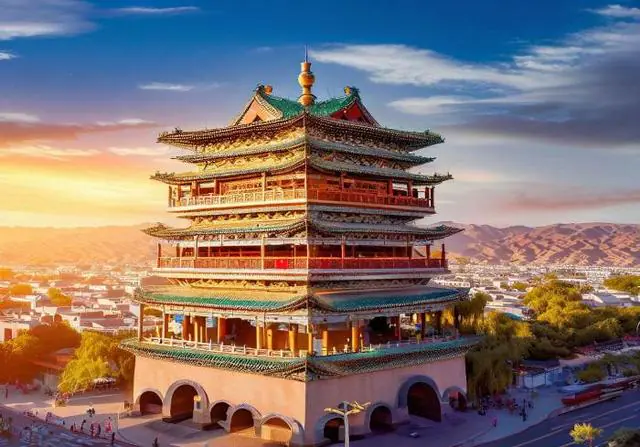 guanque tower, shanxi, china tour, Sunset view of a multi-story Chinese pagoda perched over a city with hills in the background.