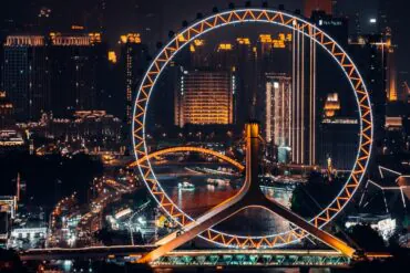 tianjing, china, chinaexplorertour, Night view of a large illuminated Ferris wheel beside a river with a glowing city skyline in the background at night.
