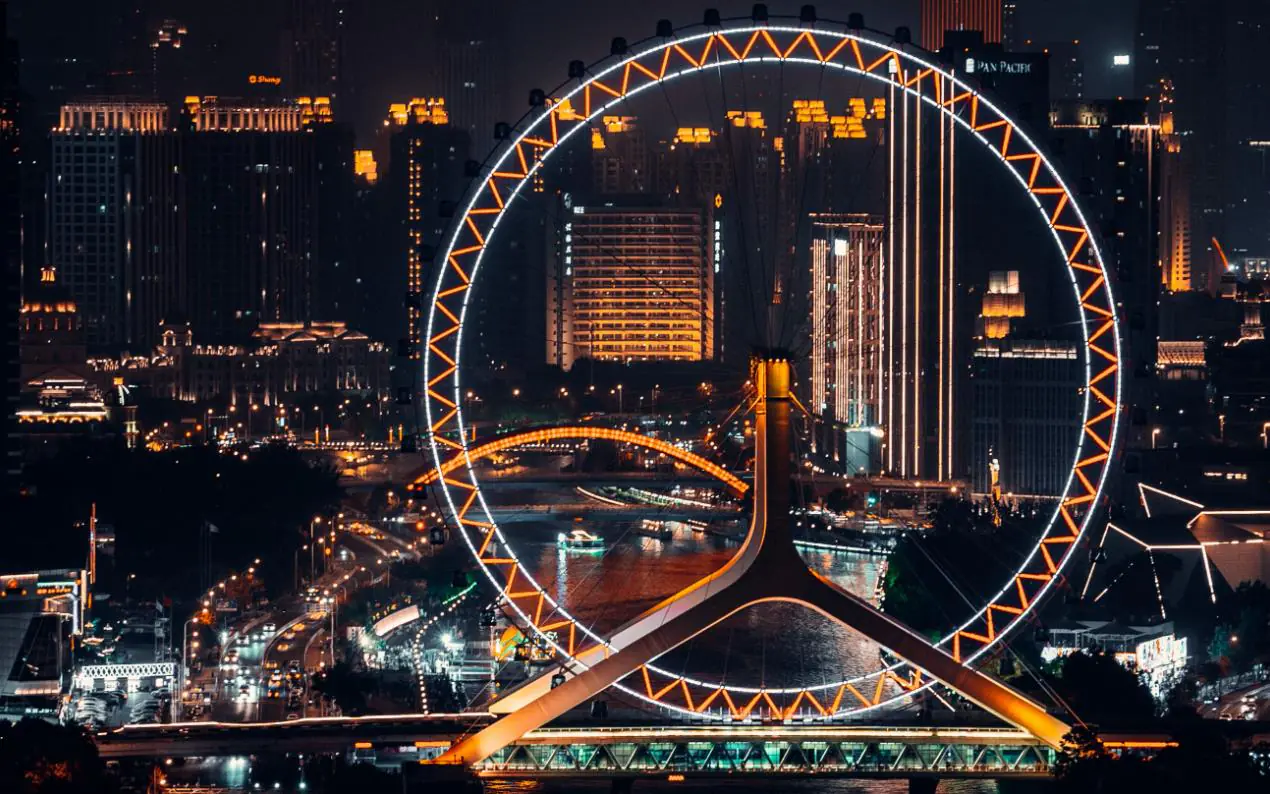 tianjing, china, chinaexplorertour, Night view of a large illuminated Ferris wheel beside a river with a glowing city skyline in the background at night.
