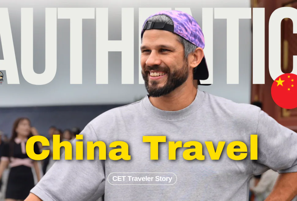 cet traveler story, china tour, Smiling man in a gray T-shirt and purple cap in a busy street; bold white 'AUTHENTIC' overlay with yellow 'China Travel' text and a Chinese flag badge nearby.