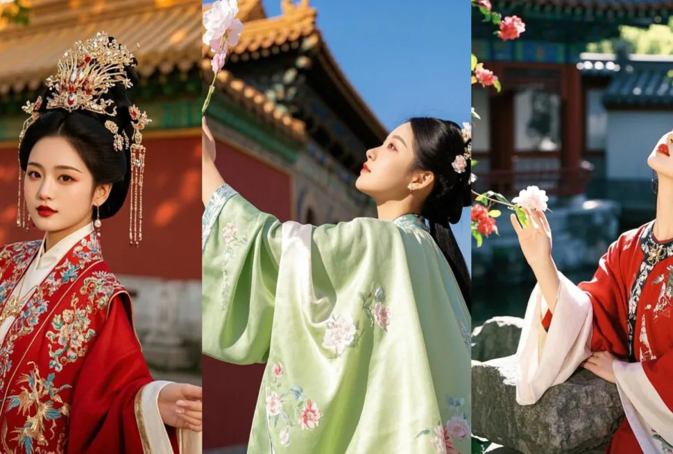 Hanfu Travel Photography in Beijing, china tour, Three women wearing ornate traditional Chinese hanfu in a triptych collage: red dress with a gold headdress on the left, pale green floral robe in the center, and red embroidered dress on the right outdoors.