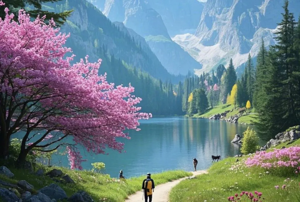 China's Most Breathtaking Spring Trails, chinaexplorertour, Alpine lake surrounded by pink flowering trees, green meadows, and mountains; a dirt path with hikers.
