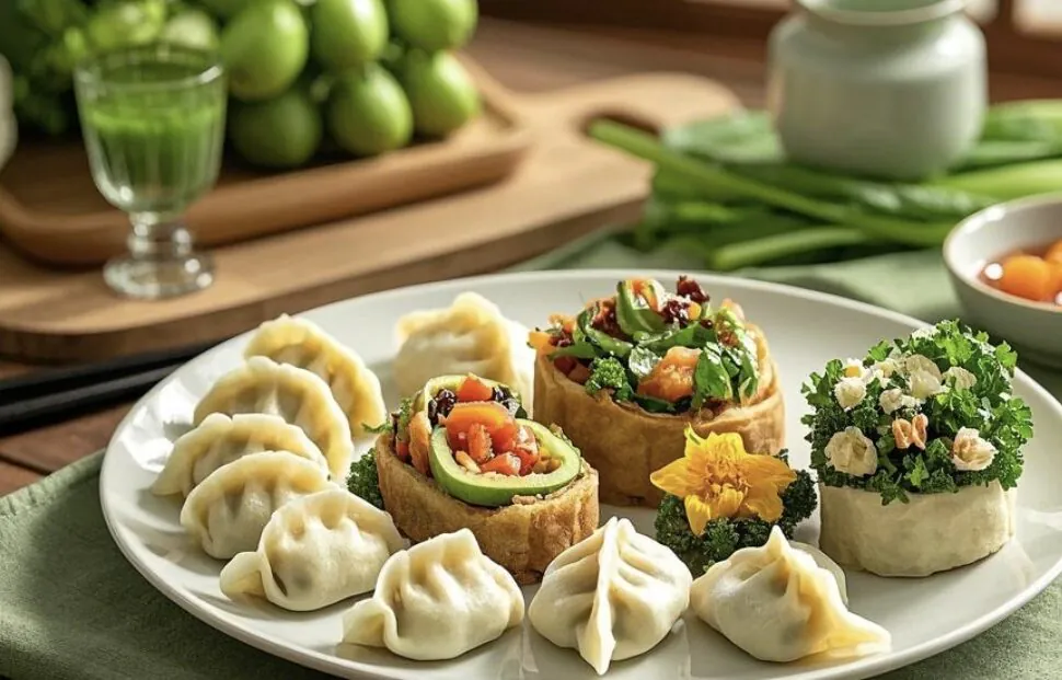 chinese food, china, chinaexplorertour, Assorted dumplings and small savory bites on a white plate, with green garnish and a small flower in the center. A glass and greenery are in the background.