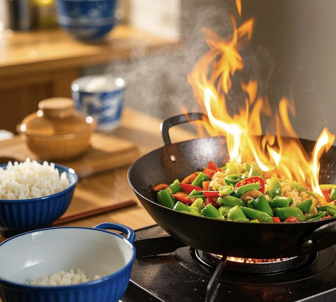 chinese food, china, chinaexplorertour, Stir-fry vegetables in a hot wok with flames, and blue-rimmed bowls of rice on the counter nearby.
