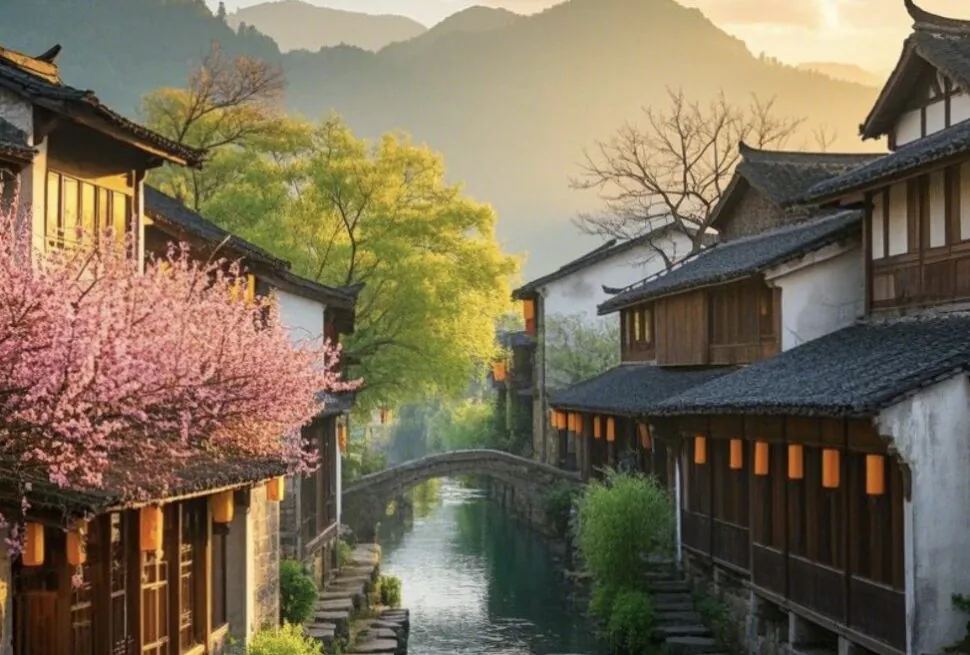Ancient Towns This Spring, china, chinaexplorertour, Old town canal lined with traditional wooden buildings, cherry blossoms, and a stone arched bridge at sunset.