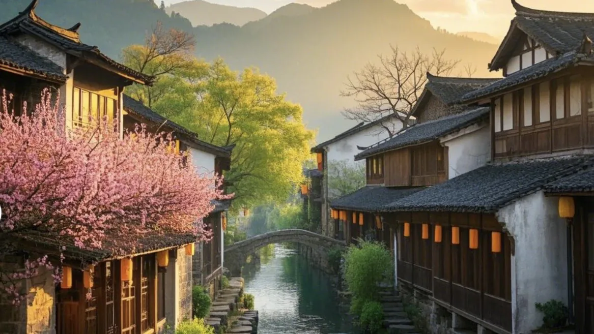 Ancient Towns This Spring, china, chinaexplorertour, Old town canal lined with traditional wooden buildings, cherry blossoms, and a stone arched bridge at sunset.