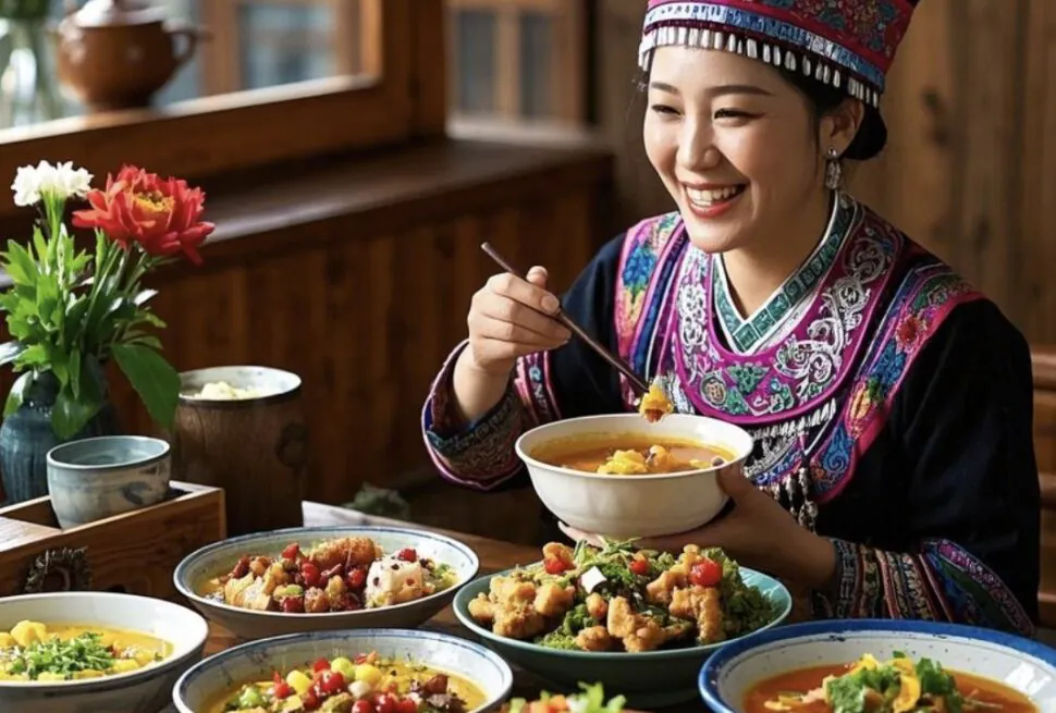 Traditional Chinese cuisine, china tour, Smiling woman in colorful traditional attire eats soup with chopsticks at a table of bowls.