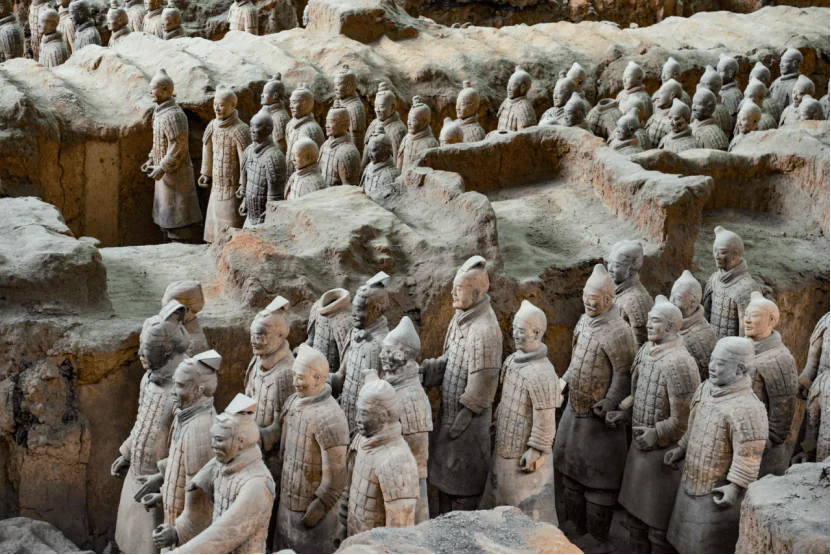 terracotta armys museum, xi'an, chinatravel, Life-size terracotta soldiers arranged in pits, part of Qin Shi Huang’s mausoleum excavation site in Xi’an, China.