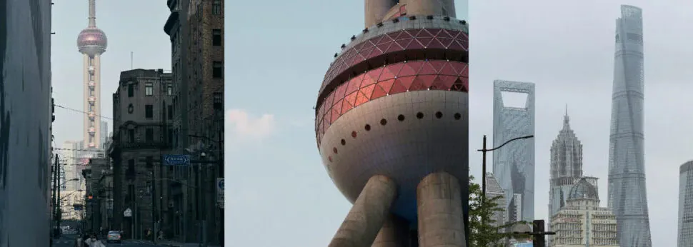 shanghai, chinatravel, Collage of Shanghai skyline: street scene with Oriental Pearl Tower on the left, a red spherical structure in the center, and skyscrapers including Shanghai Tower on the right.