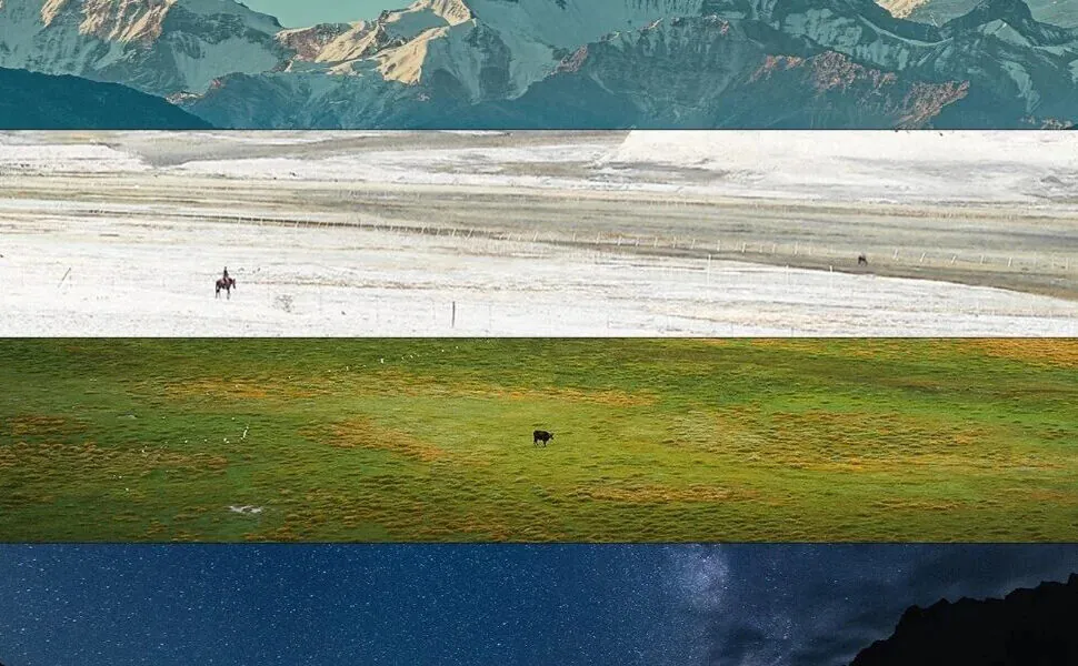 xinjiang, chinatravel, Composite image with four horizontal landscape panels: snow-capped mountains, salt flats with a rider on horseback, a green pasture with a lone cow, and a starry night sky.