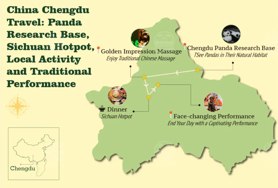 Chengdu travel map, chengdu, chinatravel, Infographic map of Chengdu travel highlights showing panda research base, Sichuan hotpot, traditional massage, and face-changing performance with routes and icons on a pale yellow background.