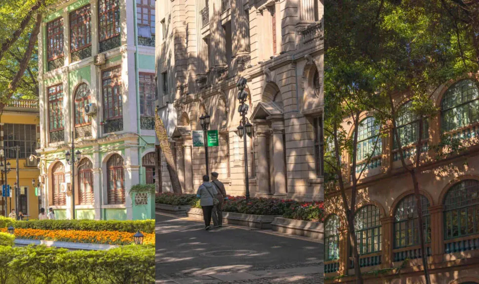 chinatravel, Triptych city street: pastel green building, beige stone façade, and brick arches with trees and flowers along the sidewalk.