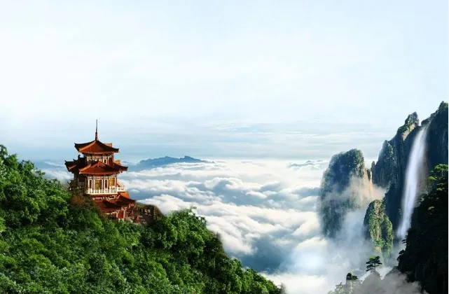 Baiyun Mountain, guangzhou, guangdon, china tour, Red pagoda perched on a forested cliff above low clouds, with a waterfall and rocky peaks to the right.