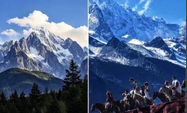 Jade Dragon Snow Mountain and Impression Lijiang, yunnan, chinatrip, Split image: left side snow-capped alpine peaks above forest; right side group of climbers on a snowy ridge under blue sky.