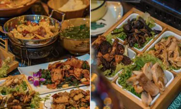 Naxi Cuisine, yunnan, chinatrip, Buffet spread with assorted hot dishes in metal and wooden bowls, including meat, vegetables, and greens.