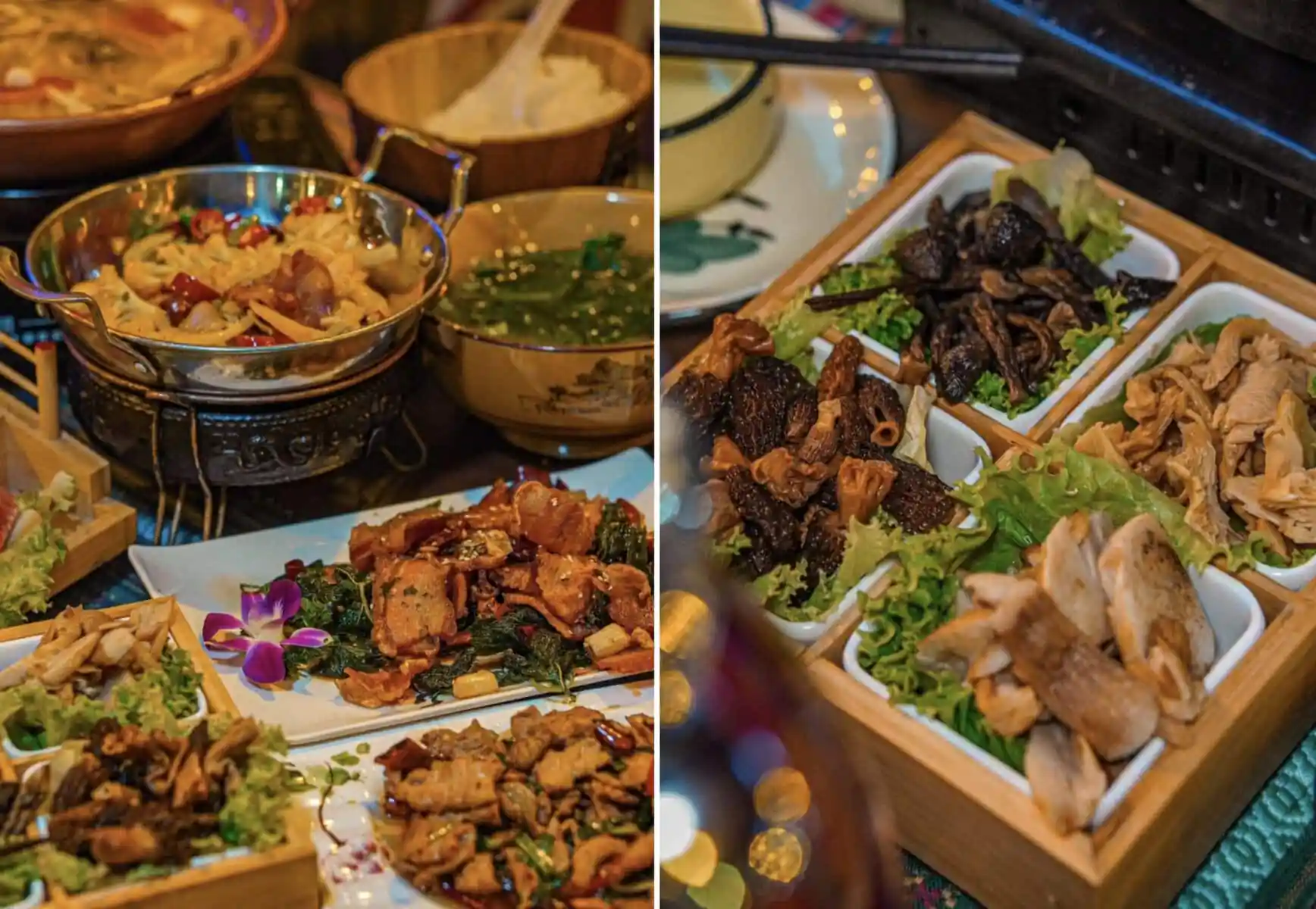 Naxi Cuisine, yunnan, chinatrip, Buffet spread with assorted hot dishes in metal and wooden bowls, including meat, vegetables, and greens.