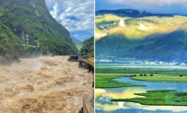 Tiger Leaping Gorge and Napa Lake, yunnan, chinatrip, Split-image composition: left side shows a brown, tumultuous river rushing through a steep green canyon with a small bridge; right side features a valley with green hills, terraced fields, and distant cows at the base of mountains.