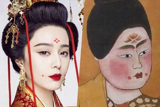 hanfu makeup, chinatrip, Side-by-side: Geisha-style woman with ornate headdress and red lips on the left; traditional painting of a pale, rouged woman on the right.
