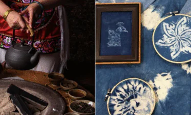 Tie-dye, yunnan, chinatrip, Person in traditional clothing pours hot tea from a clay teapot over a circular hearth, with bowls and ingredients on a wooden table left side.