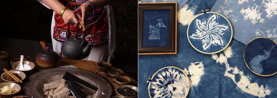 Tie-dye, yunnan, chinatrip, Person in traditional clothing pours hot tea from a clay teapot over a circular hearth, with bowls and ingredients on a wooden table left side.