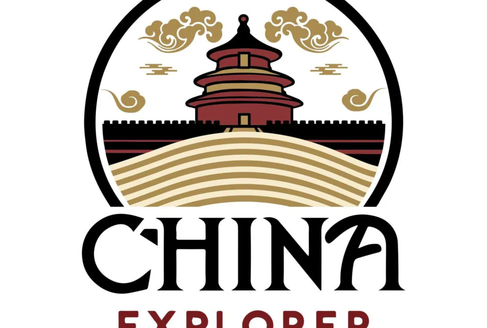 china explorer tour logo, chinatrip, China Explorer Tour logo: circular emblem with a red pagoda, stylized clouds and hills, and bold text below reading 'CHINA EXPLORER TOUR'.