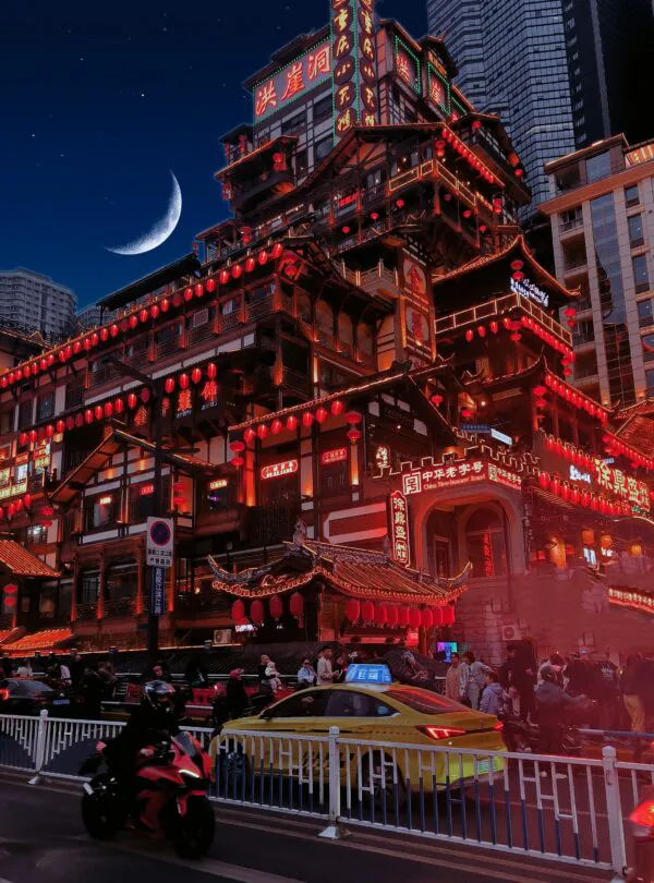 hongya cava, chongqing, china tour, Night panorama of a multi-tiered traditional Chinese building lit with red lanterns and neon signs, crescent moon in dark sky, busy street below with taxis and scooters.