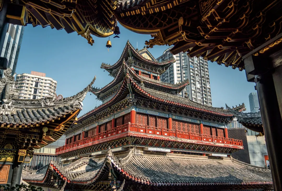 Luohan Temple, Arhat Temple, chongqing, chinatrip, Red multi-tiered Chinese temple with ornate upturned eaves framed by modern high-rise buildings in a cityscape
