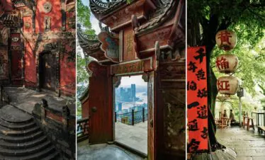chongqing day tour, chinatrip, Triple-panel collage of a Chinese temple: red carved walls, decorative gateways, and ornate roofs with dragon motifs, plus hanging lanterns and a city skyline in the distance.