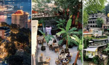 chongqing day tour, chinatrip, Three-panel collage: left a riverside cityscape at night with illuminated buildings; center an outdoor cafe surrounded by plants; right a hillside town with a large yellow balloon overhead.