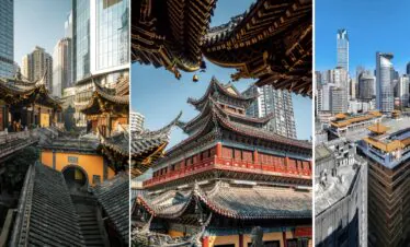 chongqing day tour, chinatrip, Triptych of city scenes: left shows a traditional Chinese temple with glass towers behind; center focuses on ornate temple roofs; right a dense skyline of high-rises.