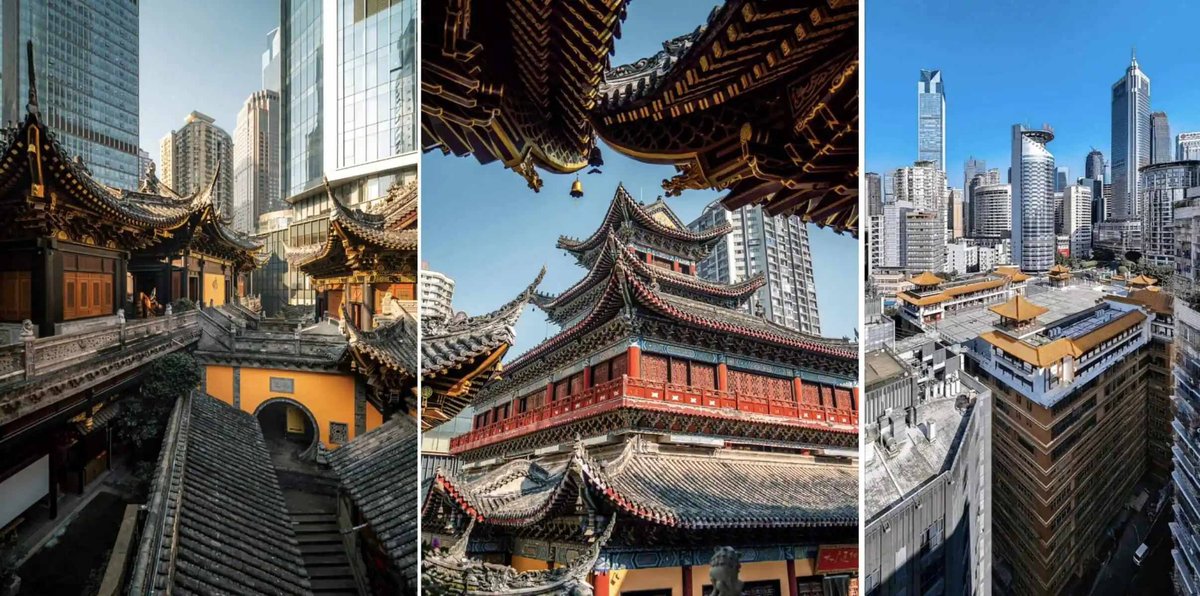 chongqing day tour, chinatrip, Triptych of city scenes: left shows a traditional Chinese temple with glass towers behind; center focuses on ornate temple roofs; right a dense skyline of high-rises.