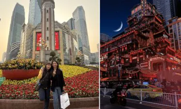 chongqing day tour, chinatrip, Two women pose in a city plaza with vibrant flower beds and tall skyscrapers behind them at daytime light.