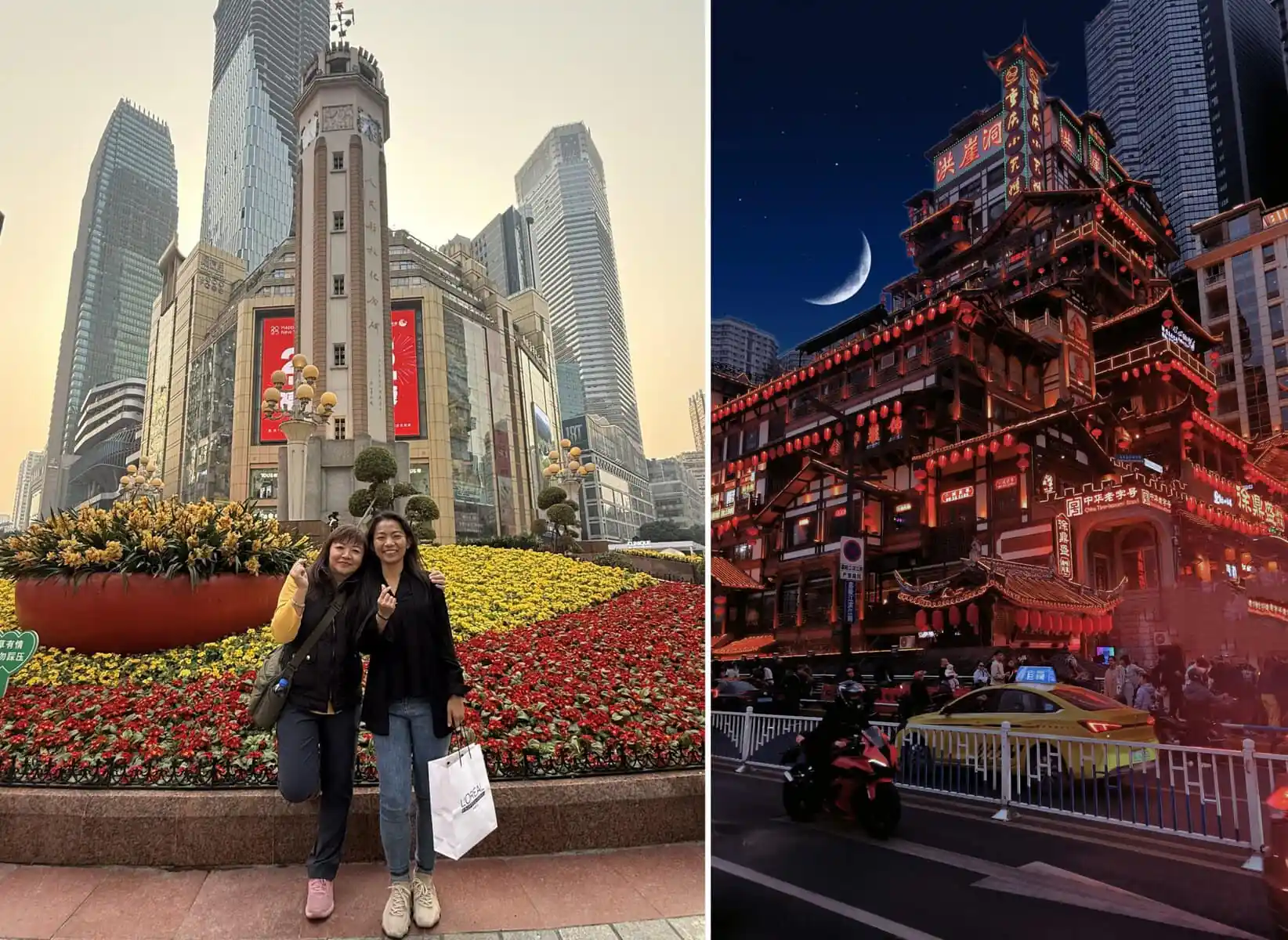 chongqing day tour, chinatrip, Two women pose in a city plaza with vibrant flower beds and tall skyscrapers behind them at daytime light.