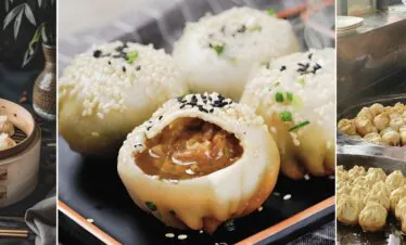 Shanghai Xiaolongbao and Shengjian, chinatrip, Three-panel collage of dumplings: left shows steamed buns in a bamboo steamer, center features bite-sized sesame-topped dumplings with a filling, right shows dumplings frying at a street cart.