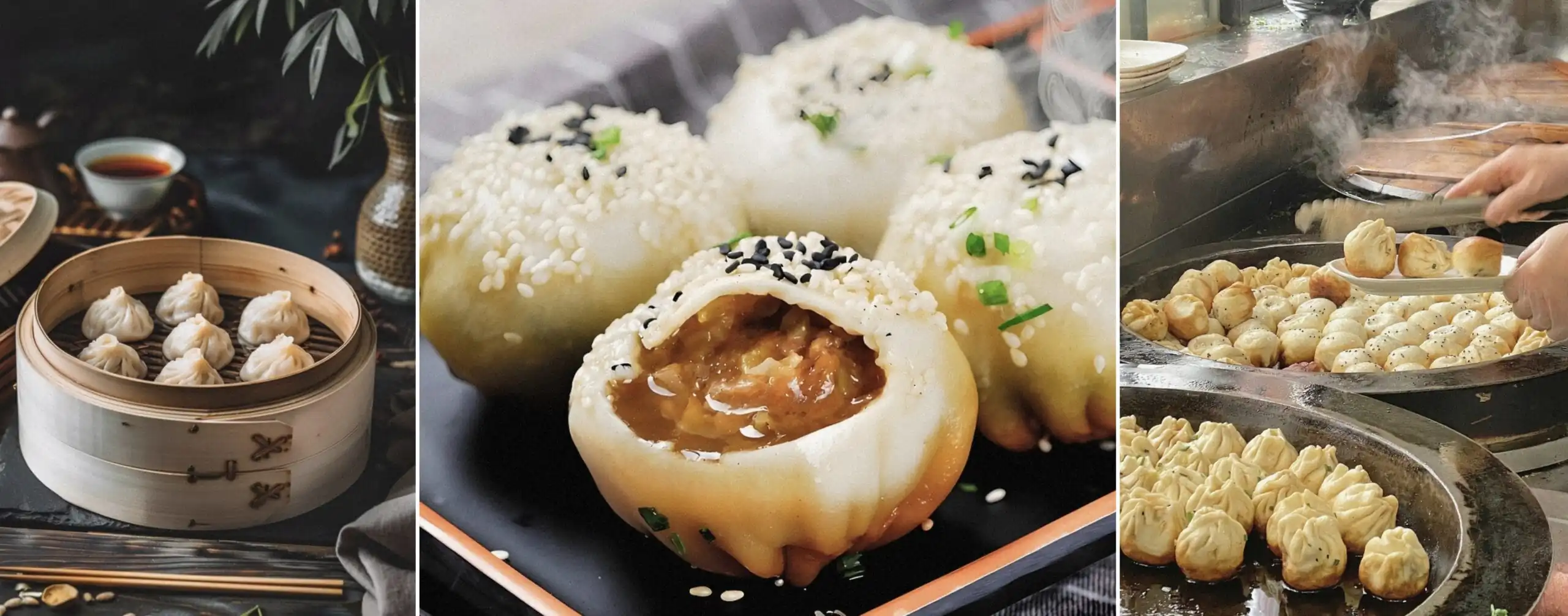 Shanghai Xiaolongbao and Shengjian, chinatrip, Three-panel collage of dumplings: left shows steamed buns in a bamboo steamer, center features bite-sized sesame-topped dumplings with a filling, right shows dumplings frying at a street cart.