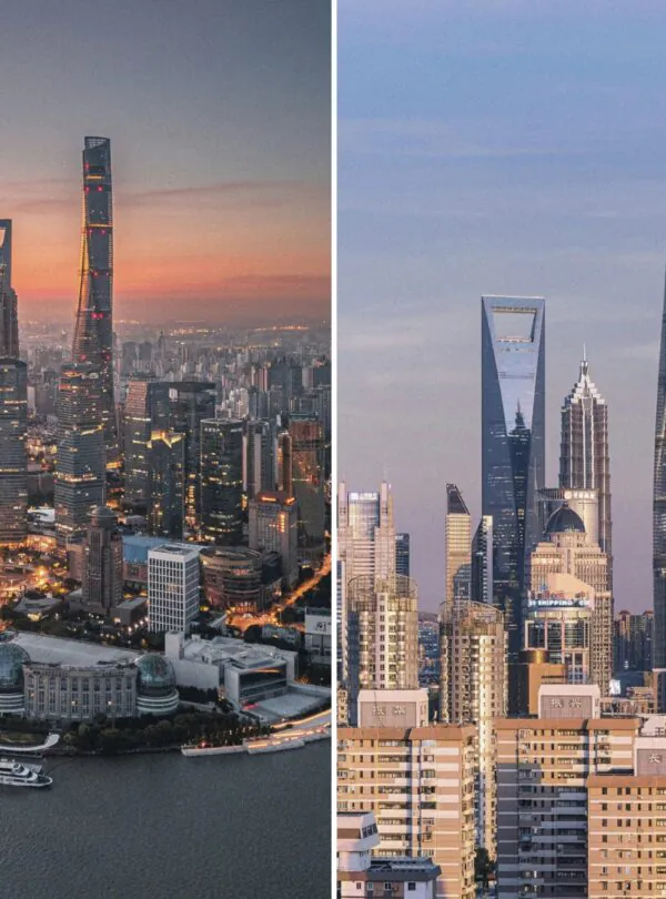 Shanghai The Bund, chinatrip, Split view of Shanghai skyline: left shows sunset over the Bund with iconic towers and riverfront; right shows a blue-sky daytime skyline with tall skyscrapers.