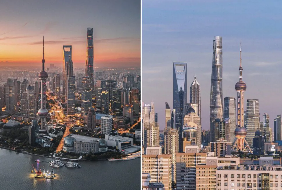 Shanghai The Bund, chinatrip, Split view of Shanghai skyline: left shows sunset over the Bund with iconic towers and riverfront; right shows a blue-sky daytime skyline with tall skyscrapers.