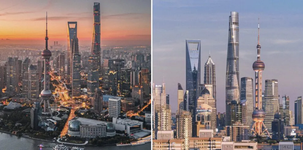 Shanghai The Bund, chinatrip, Split view of Shanghai skyline: left shows sunset over the Bund with iconic towers and riverfront; right shows a blue-sky daytime skyline with tall skyscrapers.