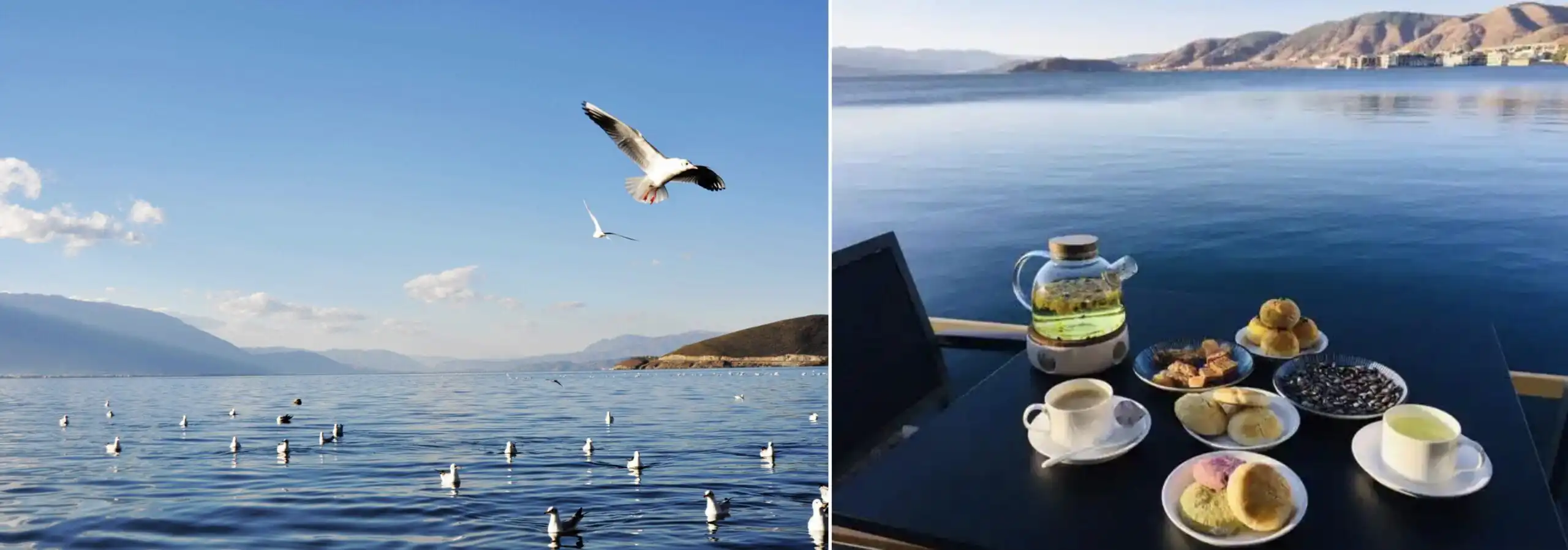 Dali Erhai Lake, yunnan, chinatrip, Wide split image: left shows calm blue sea with seagulls and mountains under a clear sky; right shows a breakfast spread on a patio table overlooking water and mountains.