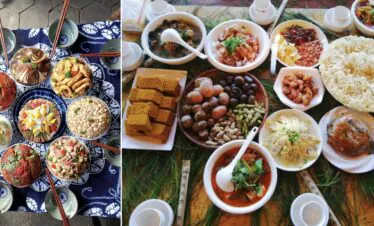 Dali Bai-Style Meal, yunnan, chinatrip, Overhead shot of a large Asian banquet with many bowls of food, chopsticks, and cups on two tables.