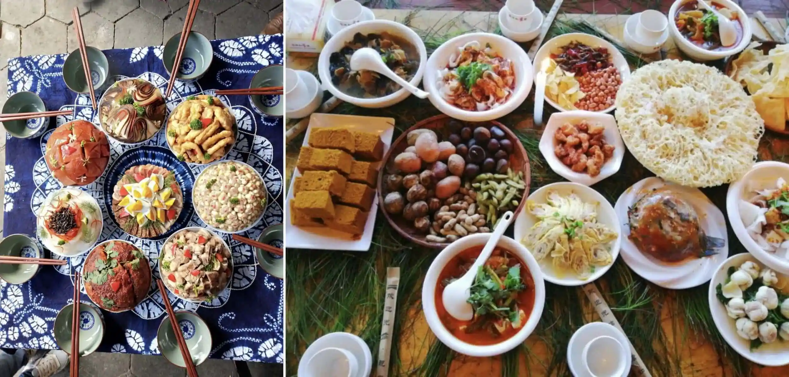 Dali Bai-Style Meal, yunnan, chinatrip, Overhead shot of a large Asian banquet with many bowls of food, chopsticks, and cups on two tables.