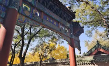 imperial college, beijing, chinatrip, Colorful Chinese temple archway with red columns and intricate blue-green carvings against a blue sky and autumn trees with yellow leaves.