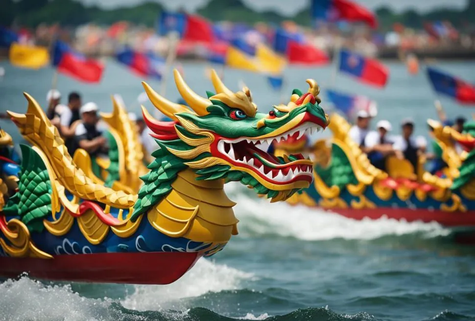 dragon boat, chinatrip Dragon boat with a colorful green-and-gold dragon head speeding across choppy water, flags waving in the background.