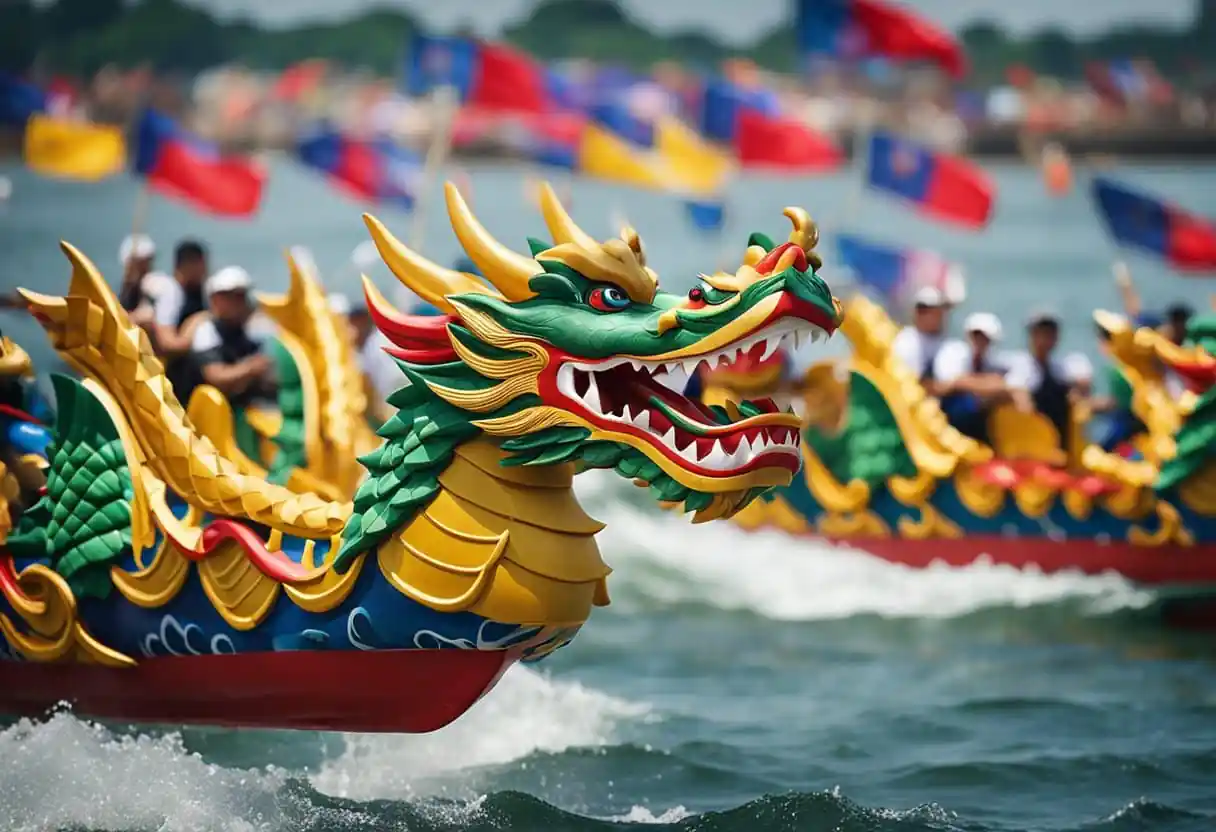 dragon boat, chinatrip Dragon boat with a colorful green-and-gold dragon head speeding across choppy water, flags waving in the background.