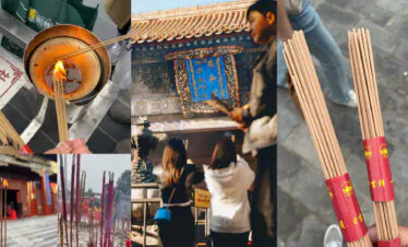 yonghe temple, beijing, chinatrip, Collage showing incense burning, ornate temple doorway, and worshipers lighting sticks in a temple courtyard.