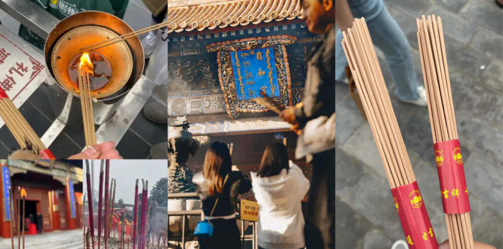 yonghe temple, beijing, chinatrip, Collage showing incense burning, ornate temple doorway, and worshipers lighting sticks in a temple courtyard.