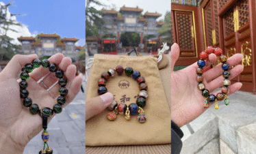 Yonghe bracelet, beijing, chinatrip, Triptych collage showing three beaded bracelets held up in front of a Chinese temple: left with green-black beads, middle on a beige pouch with colorful beads, right with multicolored beads by red carved doors.