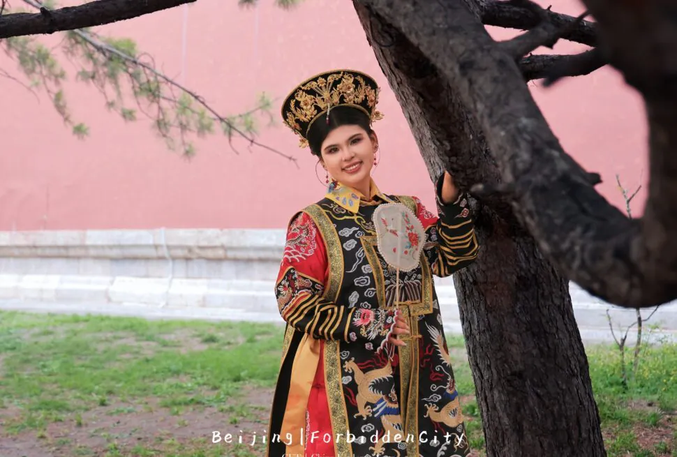 hanfu photoshoot, the forbidden city, beijing, qing dynasty, female, solo, chinatrip, Woman in ornate traditional Chinese imperial robe and headdress, leaning on a tree with a pink wall background.