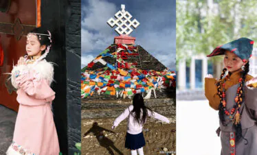 tibet school trip, chinatrip, Three-panel collage: left shows a girl in a pink traditional dress with floral headband praying by a doorway; center features a stone pyramid wrapped in colorful prayer flags under a cloudy sky; right shows a young girl in traditional attire with braided hair and a cap, raising her hands outdoors.